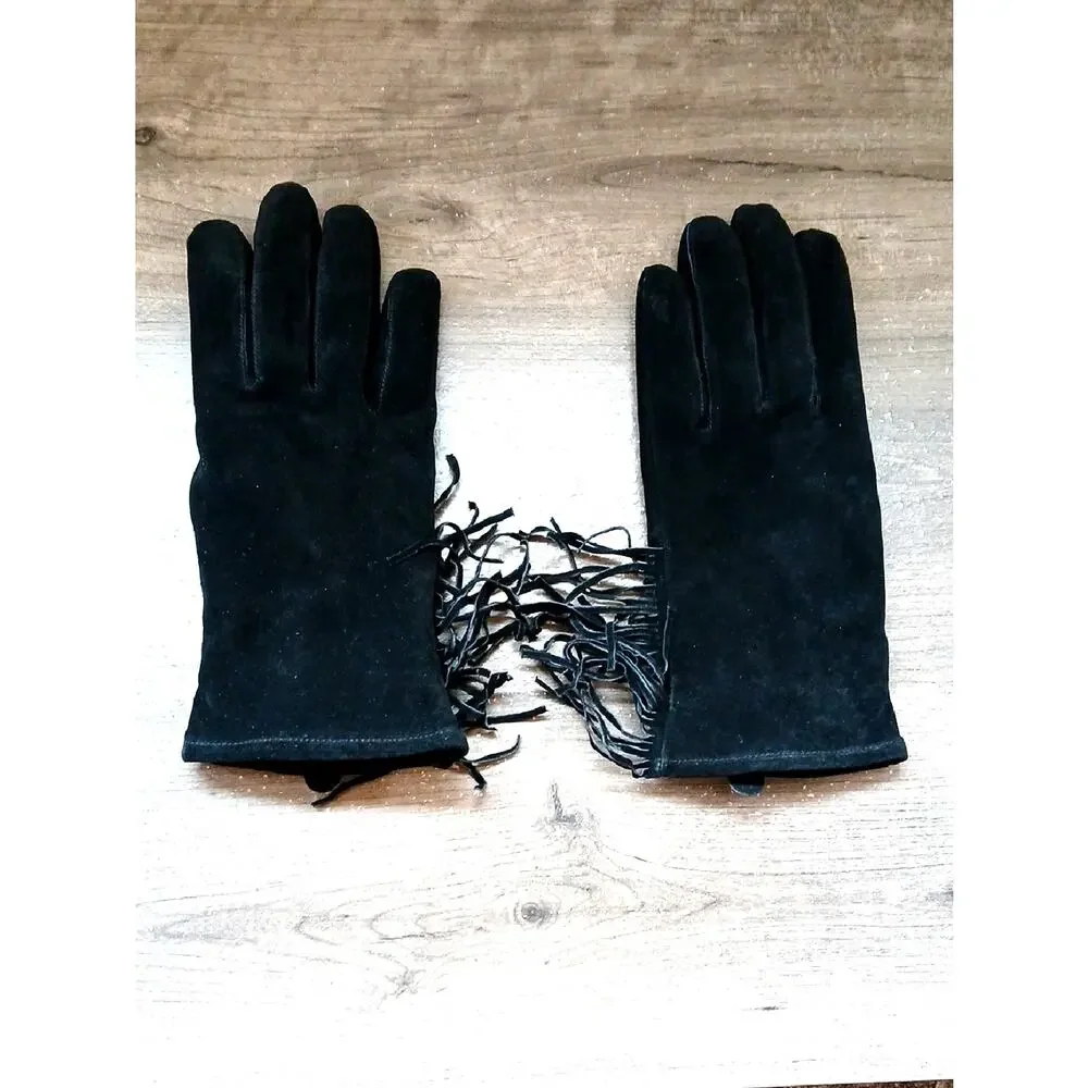 Vintage Women's Wells Lamont Black Leather Gloves With Fringe